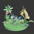 Spiky Green Dinosaur Character With Green Plants Flowers And Leaves 3D Scene