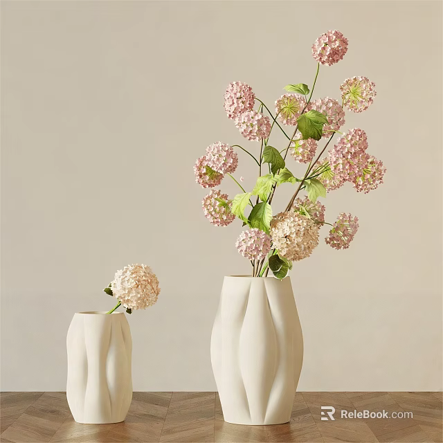 Two White Textured Vases With Pink And White Hydrangea In Minimalist 3d model 