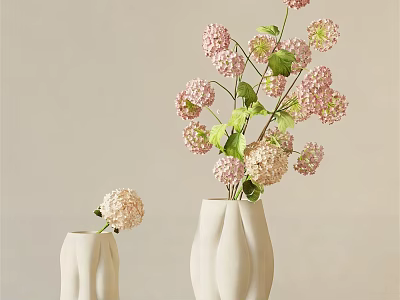 Two White Textured Vases With Pink And White Hydrangea In Minimalist 3d model