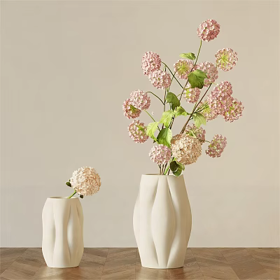 Two White Textured Vases With Pink And White Hydrangea In Minimalist 3d model