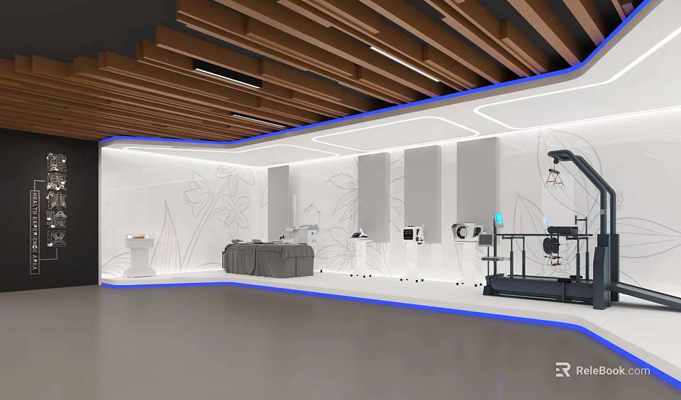 Contemporary Interior Space With Wooden Ceiling Blue Accent Lines White Walls Patterned Decor And Equipment 3d model 