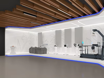 Contemporary Interior Space With Wooden Ceiling Blue Accent Lines White Walls Patterned Decor And Equipment 3d model