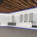 Contemporary Interior Space With Wooden Ceiling Blue Accent Lines White Walls Patterned Decor And Equipment