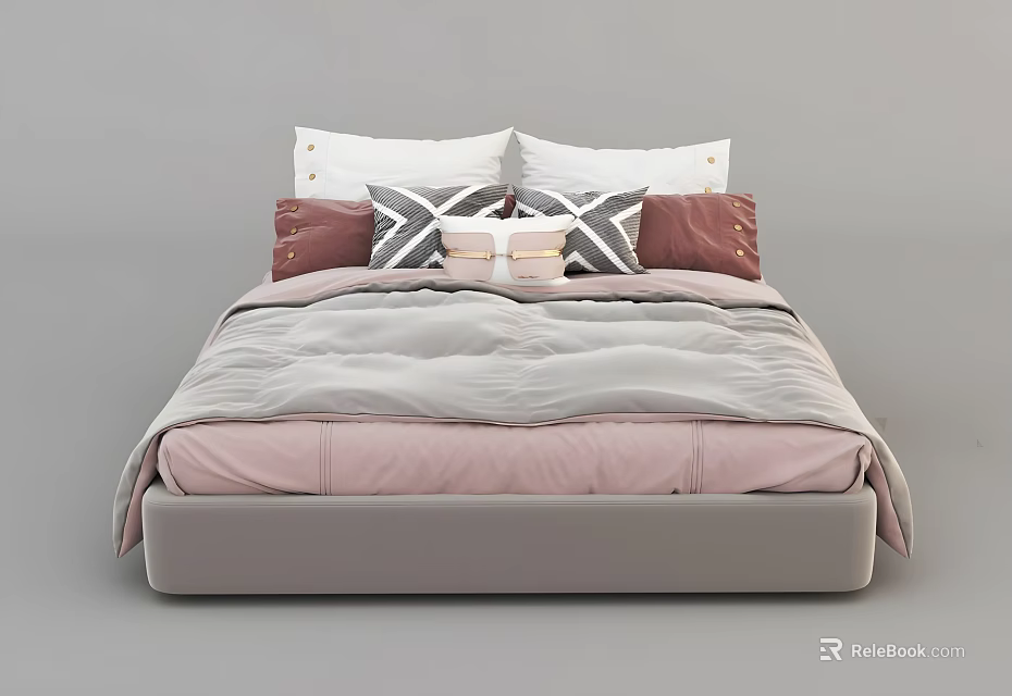 Cozy Double Bed With Pink Gray Bedding White And Geometric Pattern Pillows 3d model 