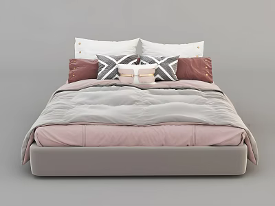 Cozy Double Bed With Pink Gray Bedding White And Geometric Pattern Pillows 3d model