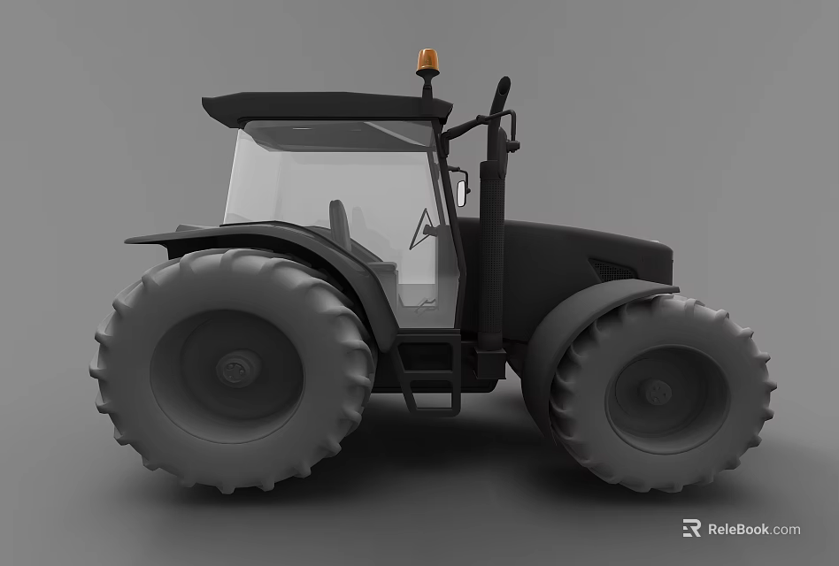 Black Utility Tractor With Transparent Cabin Large Tires And Orange Warning Light 3d model 