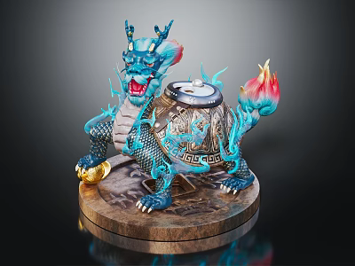 Blue Dragon Turtle Statue With Flame Decorations Wooden Base And Golden Ingot 3d model