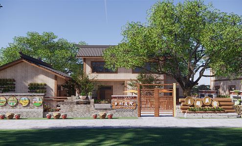 New Chinese Style Gate Country Courtyard Wall Folk Landscape Wall Green Brick Grey Tile Courtyard Low Wall Retaining Wall Homestay 3d model