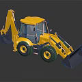 Yellow Backhoe Loader Construction Vehicle With Front Bucket Rear Excavator Arm On Black Background