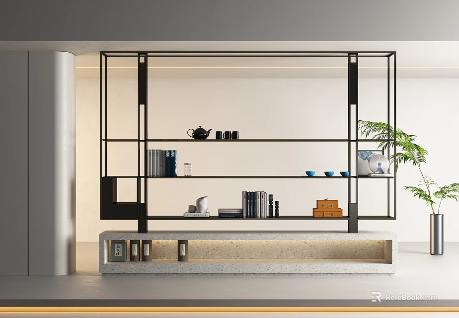 Modern Open Bookshelf Interior Design With Metal Frame Books Teapot Mugs And Stone Base 3d model 
