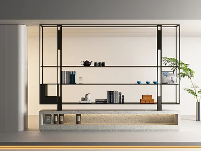 Modern Open Bookshelf Interior Design With Metal Frame Books Teapot Mugs And Stone Base 3d model