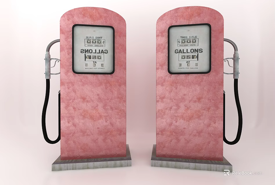 Twin Pink Public Fuel Dispensers With Gallons Display And Fuel Nozzles 3d model 