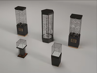 Different Sizes Of Glass Display Cases With Black Bases And Transparent Design 3d model