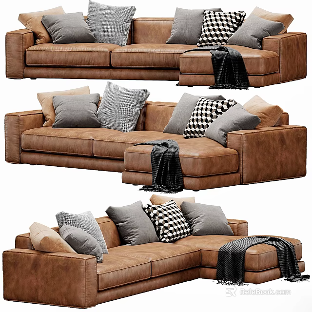 Comfortable Brown Leather Sectional Sofa with Gray Beige Checkered Pillows and Cozy Throw Blanket 3d model