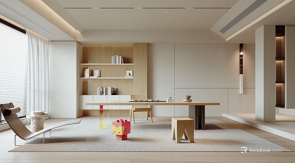 Modern Tea Room Interior With Wooden Shelves Tea Table And Natural Light 3d model 