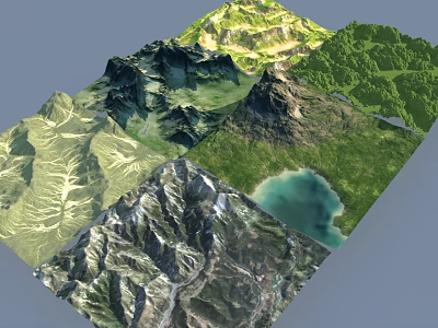 Detailed 3D Terrain Model With Mountain Ranges And Scenic Lakes 3d model
