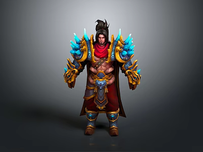 Fantasy Man In Red Robe With Black Topknot Blue Glowing Shoulders And Golden Arm Armor 3d model