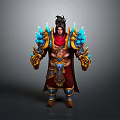 Fantasy Man In Red Robe With Black Topknot Blue Glowing Shoulders And Golden Arm Armor