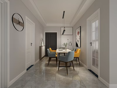 Modern Restaurant Interior With Dining Table Yellow Gray Chairs And Pendant Lighting 3d model