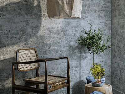 Rattan Leisure Chair with Wooden Armrests by Gray Wall Small Table Olive Tree Blue Cushion 3d model
