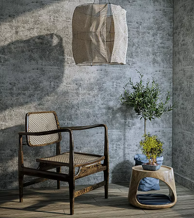 Rattan Leisure Chair with Wooden Armrests by Gray Wall Small Table Olive Tree Blue Cushion 3d model