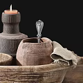 Rustic Clay Vase With Fresh Flowers And Candle On Wooden Table Dark Background