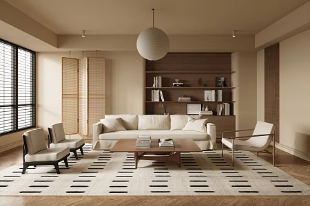 Quiet Ancient Style Home Living Room Sofa Coffee Table Combination Leisure Sofa Chair Decorations Ornaments Background Wall 3d model