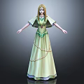 Golden Haired Elven Princess Character In Green Yellow Gown With Pearl Embellishments
