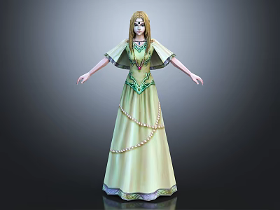 Golden Haired Elven Princess Character In Green Yellow Gown With Pearl Embellishments 3d model