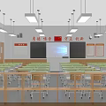 School Classroom Interior With Neat Desks Chairs Blackboard Digital Screen And Slogans