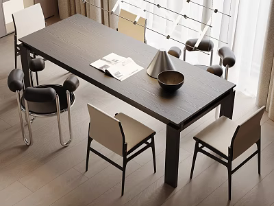 Modern Dark Wooden Dining Table Set With Armrest Chairs And Tabletop Magazine Bowl 3d model