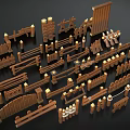 Various Wooden Fence Components With Picket Gates Railings And Decorative Posts