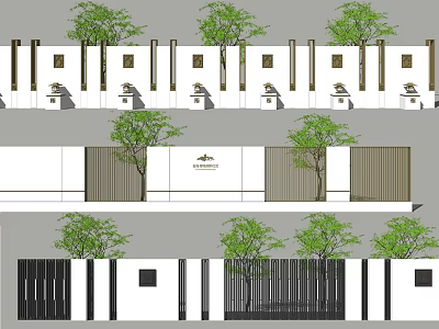 Modern Building Exterior Wall With Wooden Slats White Panels And Green Trees 3d model