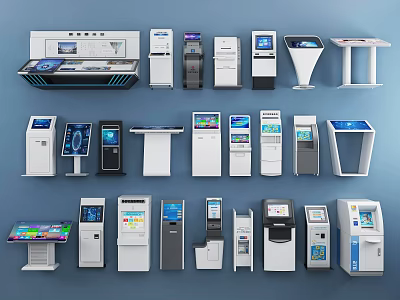 Public Facilities Featuring Various Modern Self Service Kiosks With Touchscreen Displays 3d model