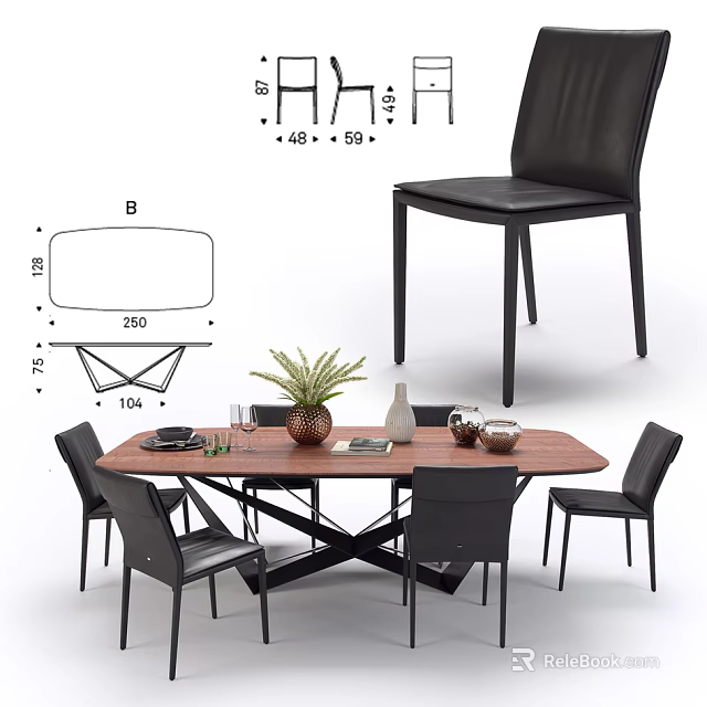 Modern Dining Table Set With Wooden Top Black Metal Frame And Leather Chairs 3d model 