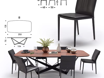 Modern Dining Table Set With Wooden Top Black Metal Frame And Leather Chairs 3d model