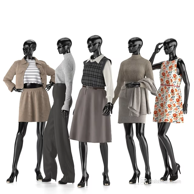 Black Fashion Mannequins Dressed in Various Clothing Outfits with Sweater Skirt and Printed Dress 3d model 