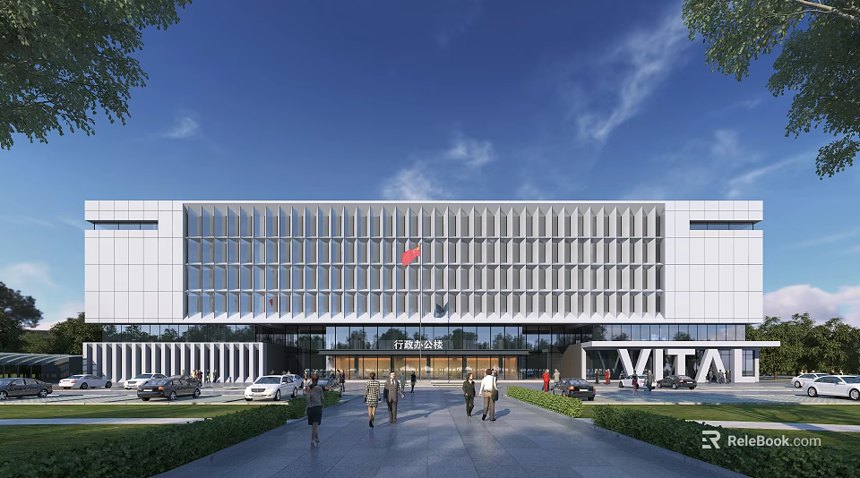 Modern Office Building With Glass Facade Flags Plaza People Greenery And VITAL Signage 3d model 