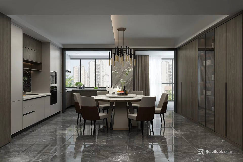 Modern Dining Room Interior With Round Table Chairs Chandelier And Marble Floor 3d model 