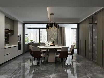 Modern Dining Room Interior With Round Table Chairs Chandelier And Marble Floor 3d model