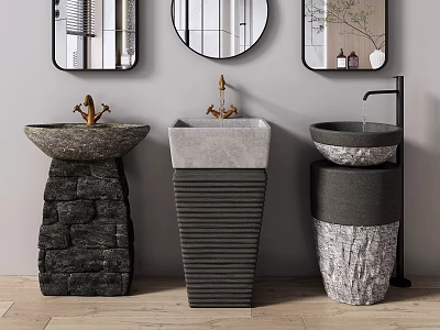 Modern Textured Stone Washbasins With Brass Faucets And Round Wall Mirrors 3d model