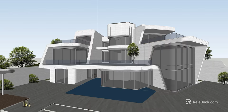 Modern Detached Villa Featuring Geometric Design Large Glass Facade And Terrace Greenery 3d model 