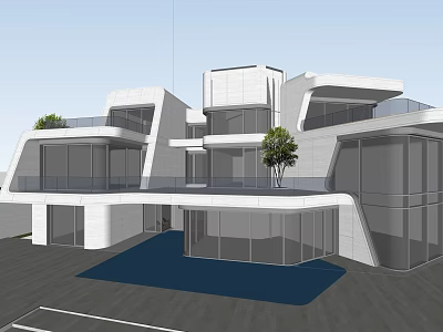Modern Detached Villa Featuring Geometric Design Large Glass Facade And Terrace Greenery 3d model