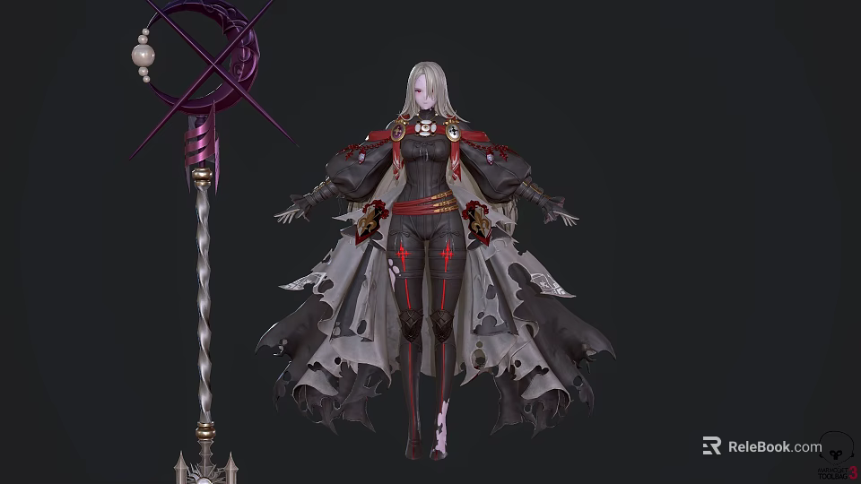 Game Movie Character With Silver Hair In Black Red Outfit And Purple Decorative Staff 3d model 