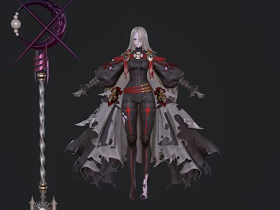 Game Movie Character With Silver Hair In Black Red Outfit And Purple Decorative Staff 3d model