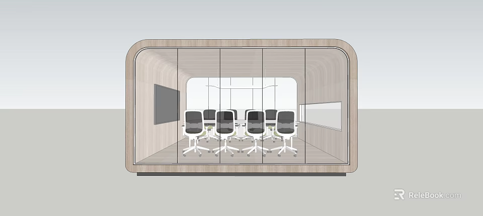 Modern Wooden Conference Table With Office Chairs In Glass Partitioned Meeting Room 3d model 