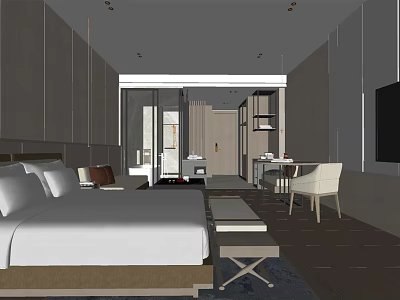 Modern Hotel Room Interior With Large Bed White Bedding Sofa And TV 3d model