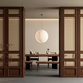 Modern Wooden Partition with Grid Design and Translucent Panels in Dining Interior 3d model