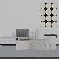 Modern White Sofa Coffee Table Set with Checkered Pillows Marble Top and Circular Art 3d model