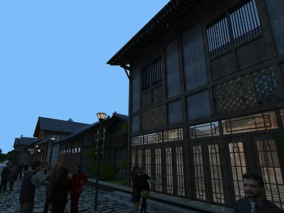 Traditional Commercial Street Featuring Wooden Architecture Lattice Windows Street Lamps and Evening Pedestrians 3d model